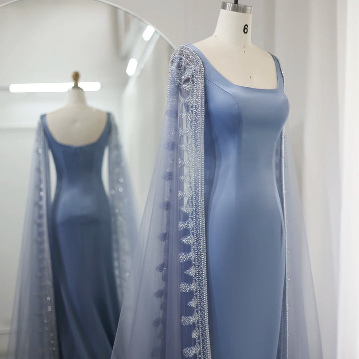 Luxury Crystal Blue Mermaid Evening Dresses with Cape Sleeves SS445