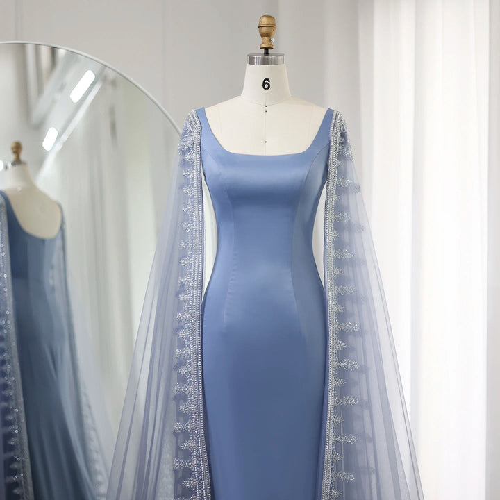 Luxury Crystal Blue Mermaid Evening Dresses with Cape Sleeves SS445
