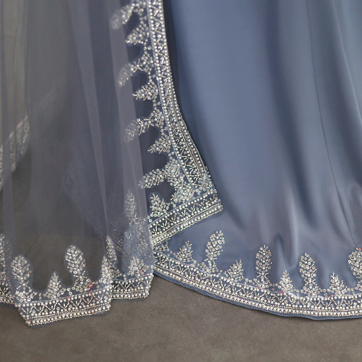 Luxury Crystal Blue Mermaid Evening Dresses with Cape Sleeves SS445