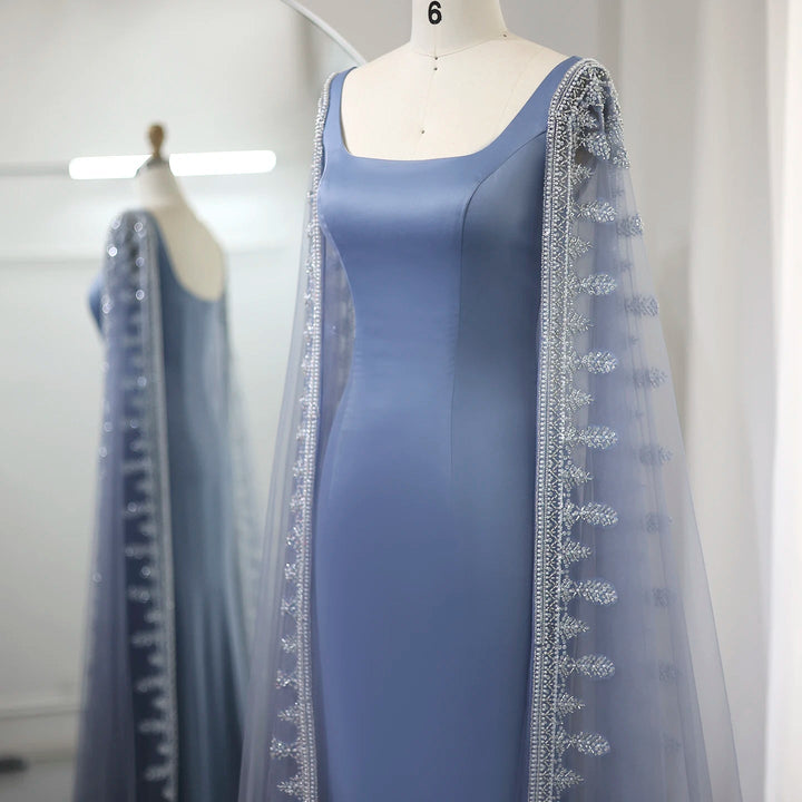Luxury Crystal Blue Mermaid Evening Dresses with Cape Sleeves SS445