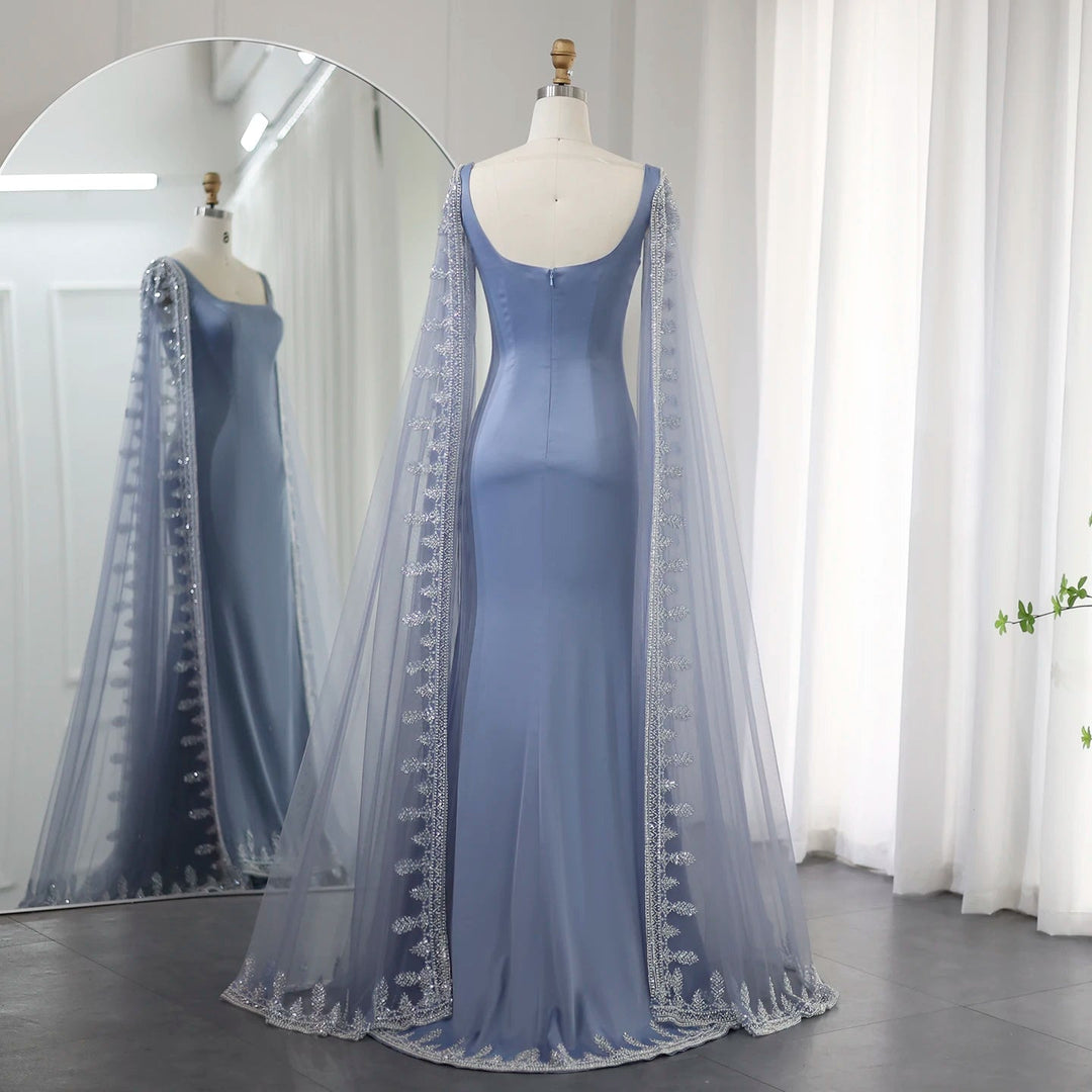 Luxury Crystal Blue Mermaid Evening Dresses with Cape Sleeves SS445