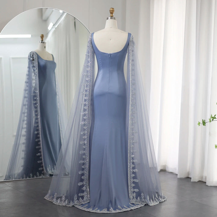 Luxury Crystal Blue Mermaid Evening Dresses with Cape Sleeves SS445