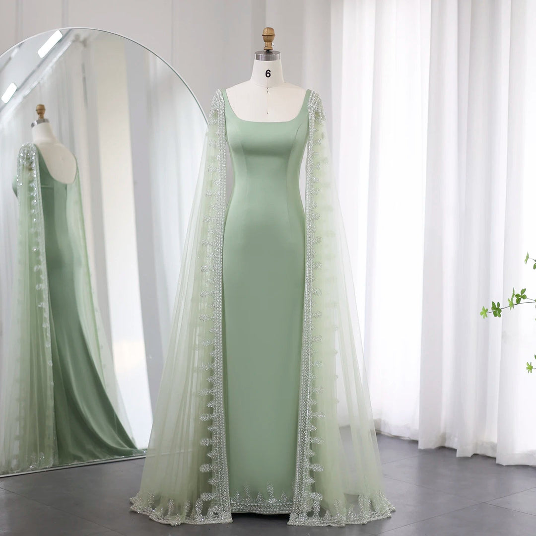 Luxury Crystal Blue Mermaid Evening Dresses with Cape Sleeves SS445