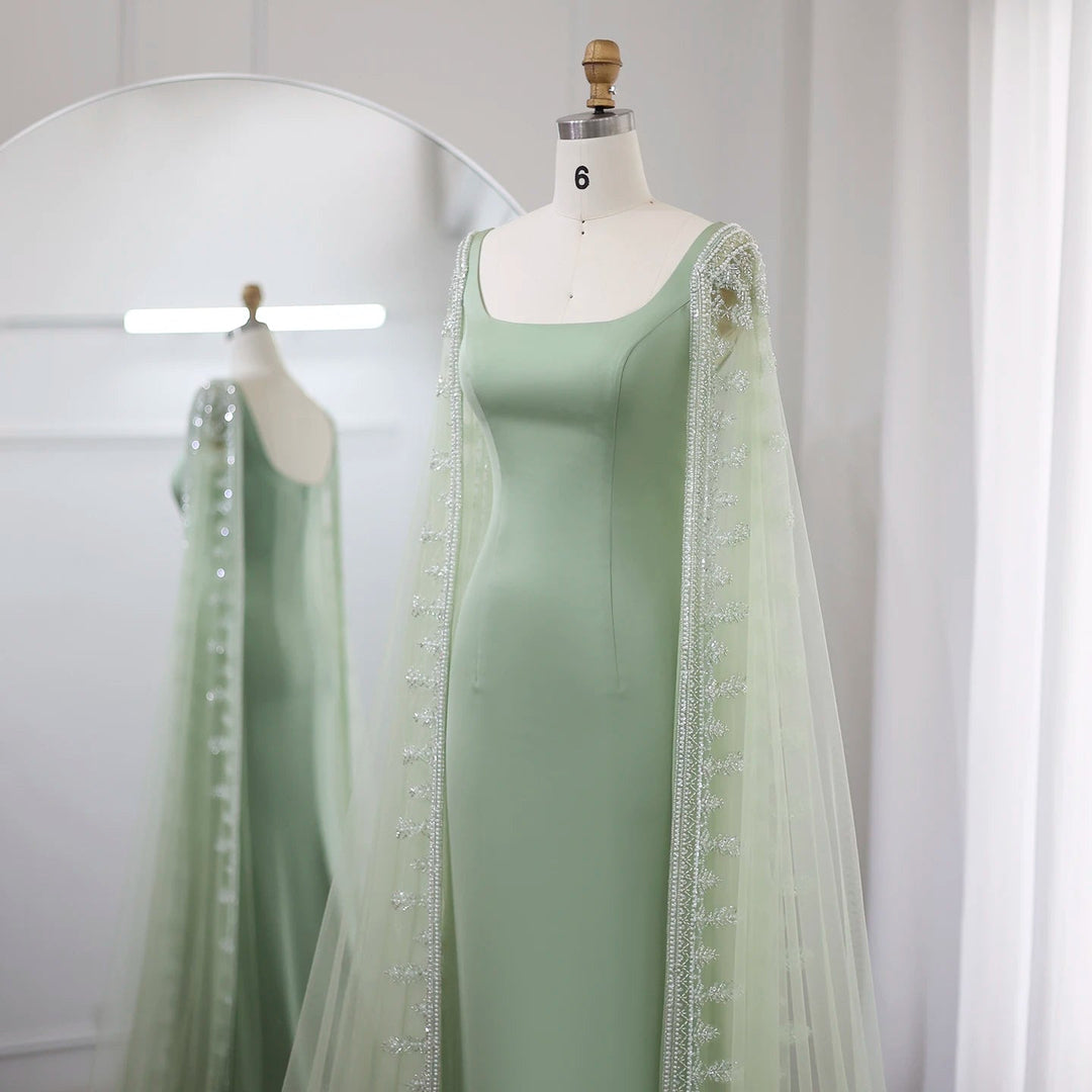 Luxury Crystal Blue Mermaid Evening Dresses with Cape Sleeves SS445
