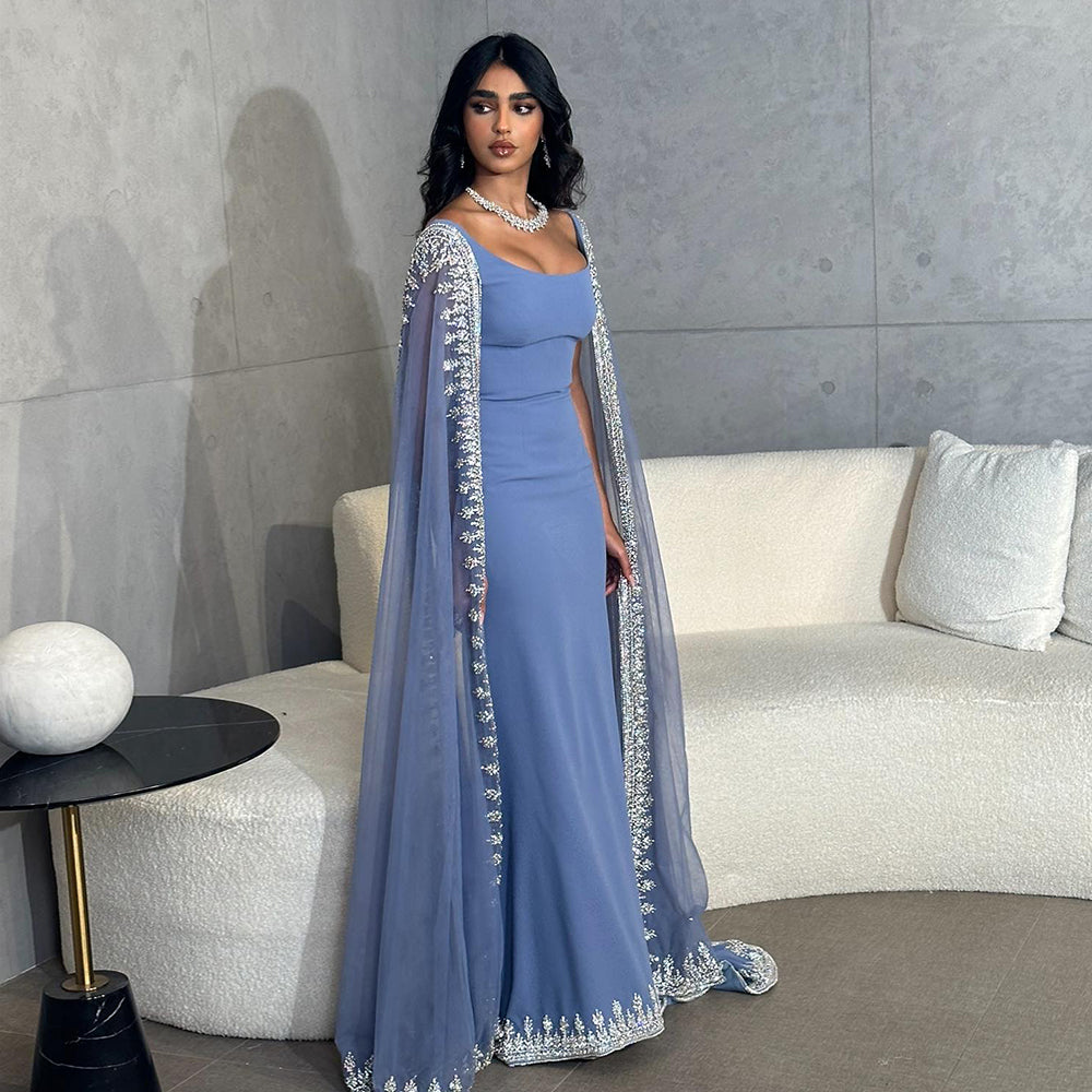 Luxury Crystal Blue Mermaid Evening Dresses with Cape Sleeves SS445