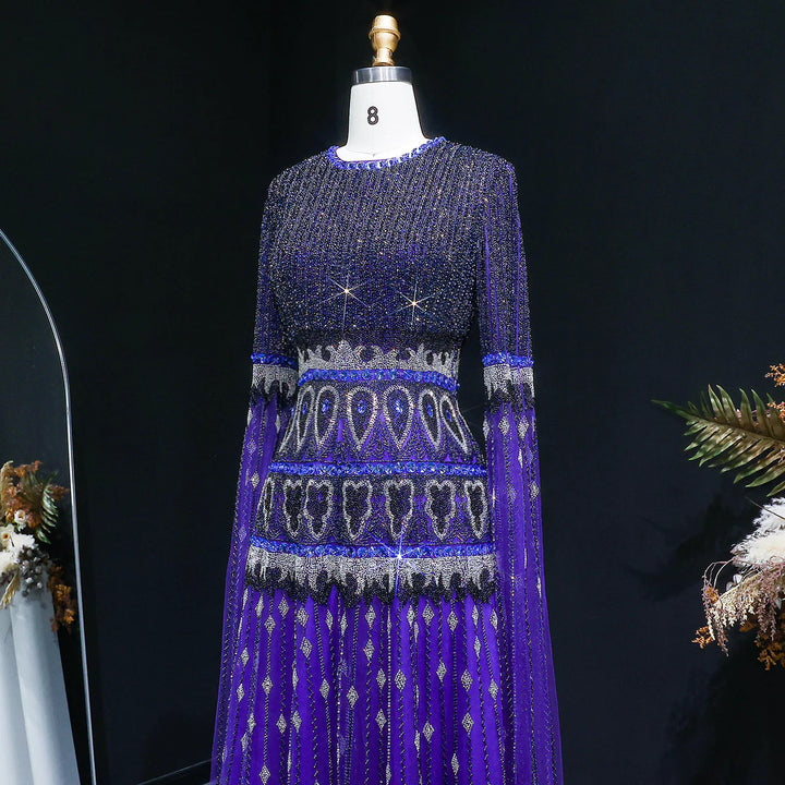 Luxury Crystal Embellished Cape Long Sleeve Evening Dress SS009-DreamyVow