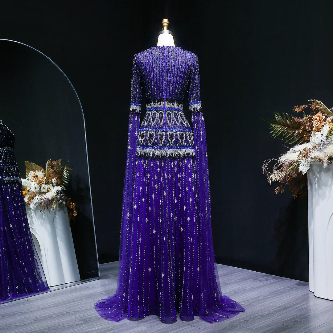 Luxury Crystal Embellished Cape Long Sleeve Evening Dress SS009-DreamyVow