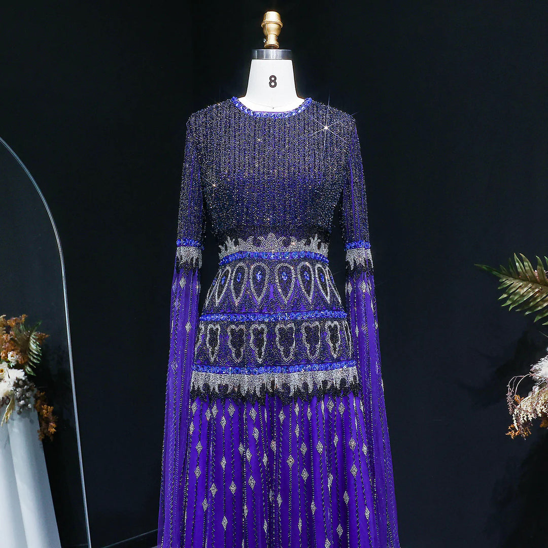 Luxury Crystal Embellished Cape Long Sleeve Evening Dress SS009-DreamyVow
