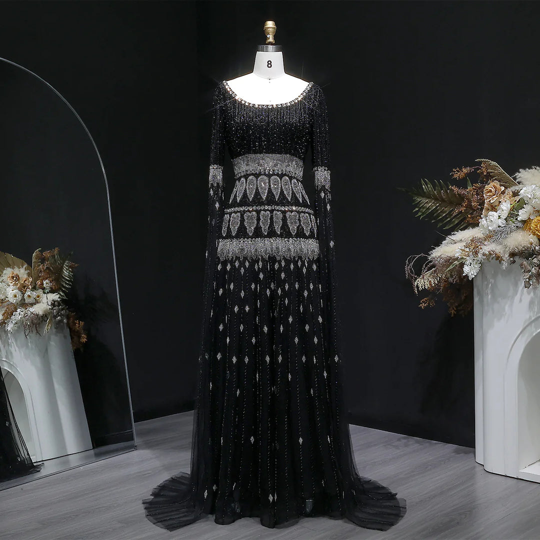 Luxury Crystal Embellished Cape Long Sleeve Evening Dress SS009 Black / 18 Luxury Crystal Embellished Cape Long Sleeve Evening Dress SS009 Black / 18