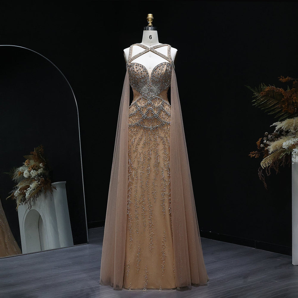 Luxury Crystal Evening Dress with Cape Sleeves SS211