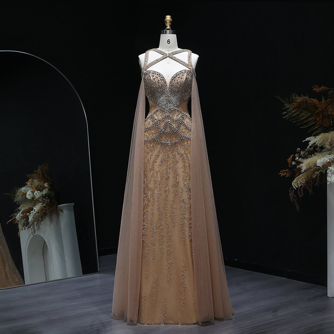 Luxury Crystal Evening Dress with Cape Sleeves SS211