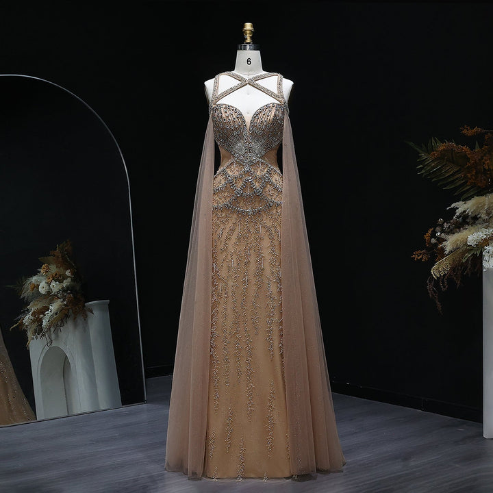 Luxury Crystal Evening Dress with Cape Sleeves SS211