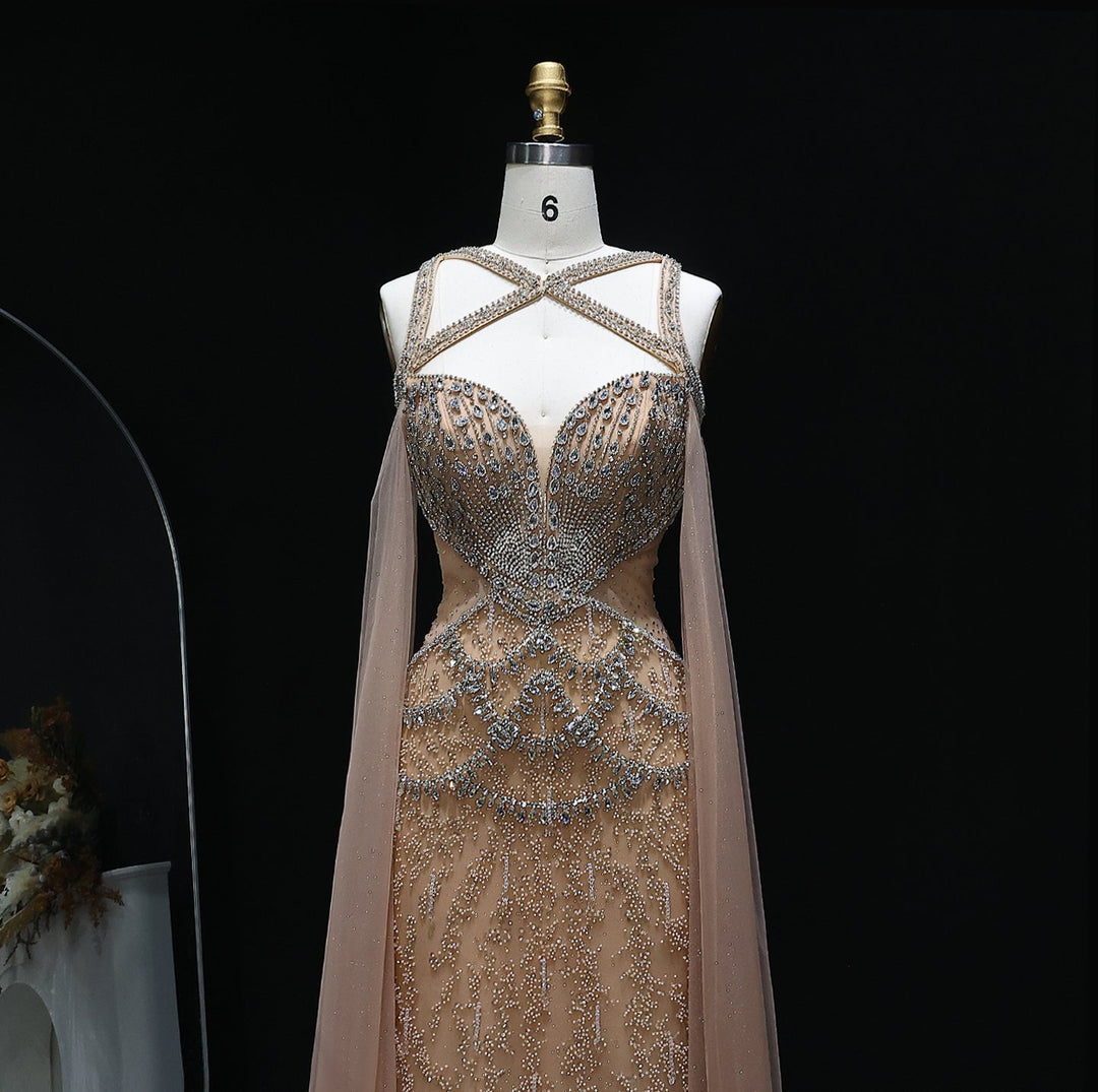Luxury Crystal Evening Dress with Cape Sleeves SS211