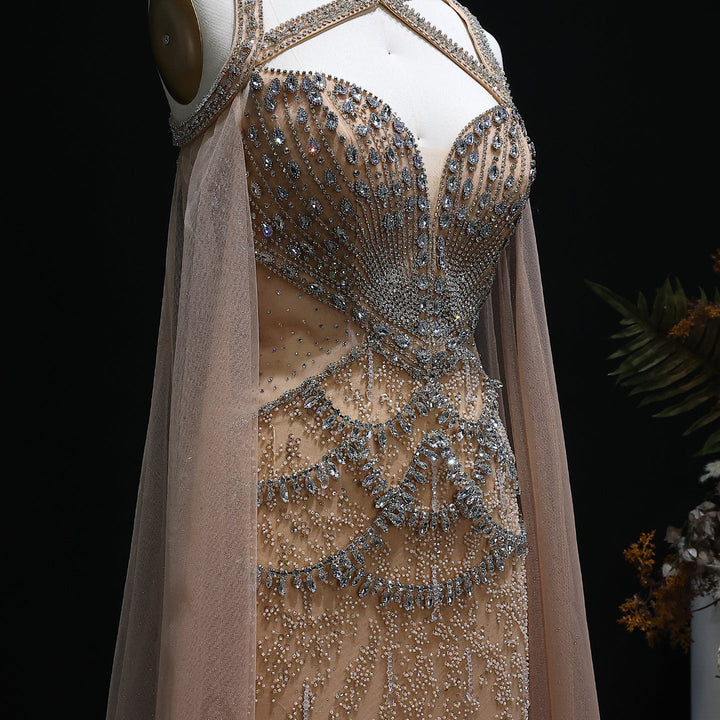 Luxury Crystal Evening Dress with Cape Sleeves SS211