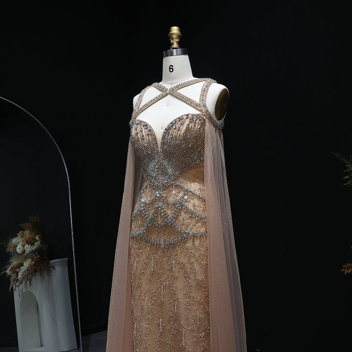 Luxury Crystal Evening Dress with Cape Sleeves SS211