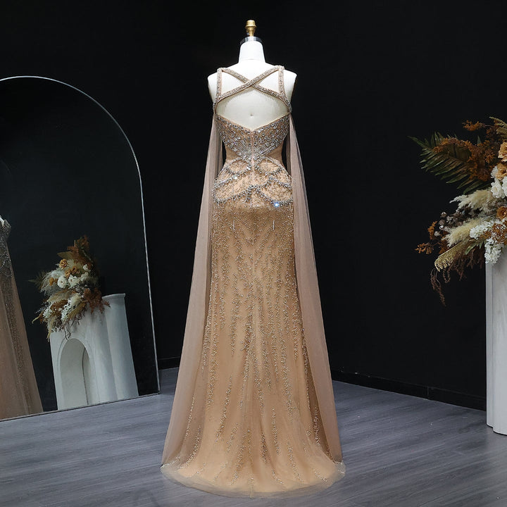 Luxury Crystal Evening Dress with Cape Sleeves SS211