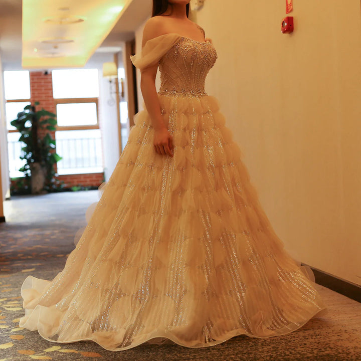 Luxury Crystal Princess Ball Gown Blush Pink Ruffles Evening Dress SS733