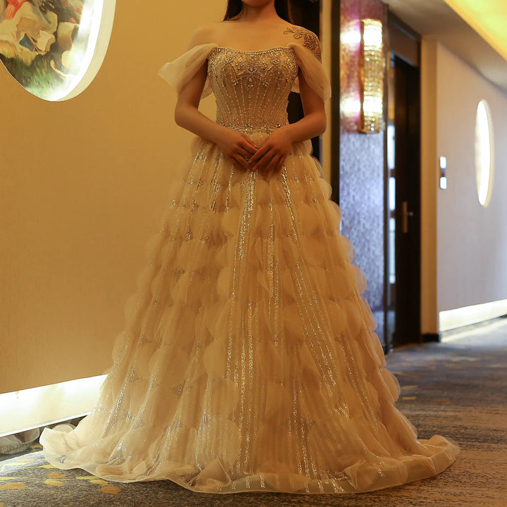 Luxury Crystal Princess Ball Gown Blush Pink Ruffles Evening Dress SS733