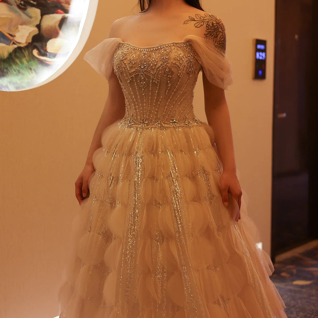 Luxury Crystal Princess Ball Gown Blush Pink Ruffles Evening Dress SS733