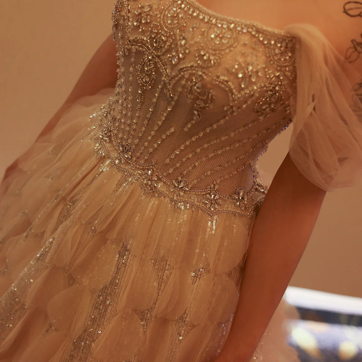 Luxury Crystal Princess Ball Gown Blush Pink Ruffles Evening Dress SS733