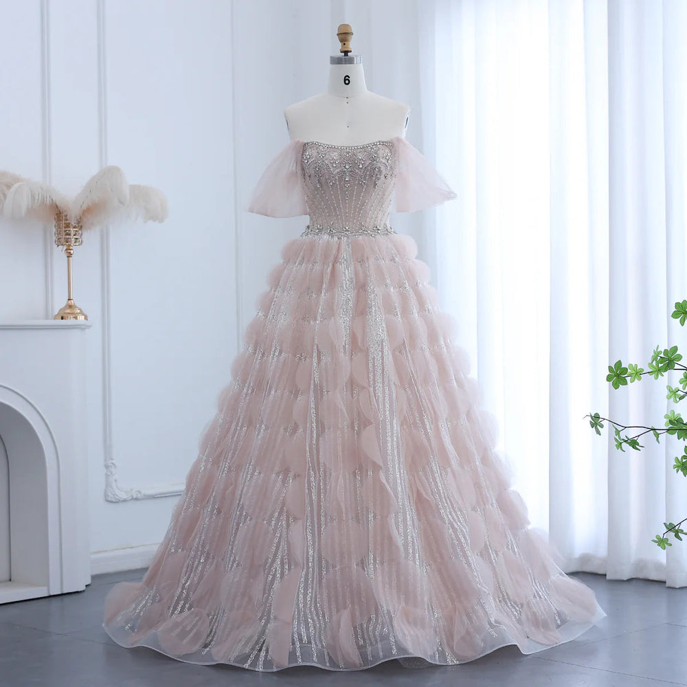 Luxury Crystal Princess Ball Gown Blush Pink Ruffles Evening Dress SS733