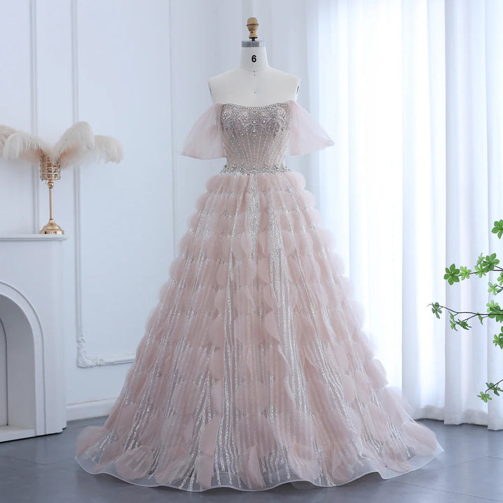 Luxury Crystal Princess Ball Gown Blush Pink Ruffles Evening Dress SS733