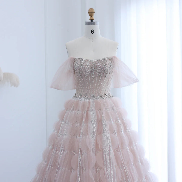 Luxury Crystal Princess Ball Gown Blush Pink Ruffles Evening Dress SS733