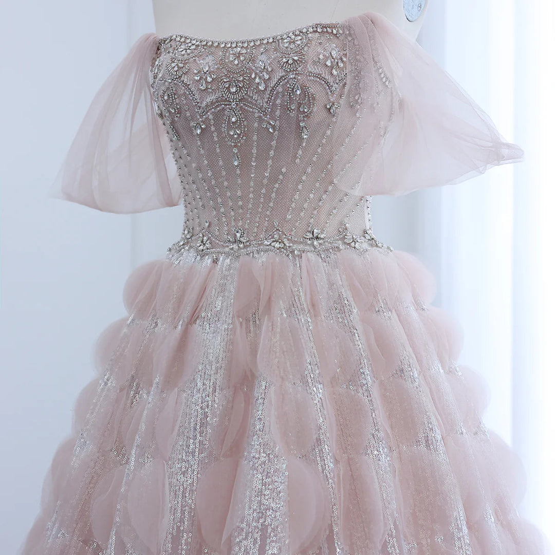 Luxury Crystal Princess Ball Gown Blush Pink Ruffles Evening Dress SS733