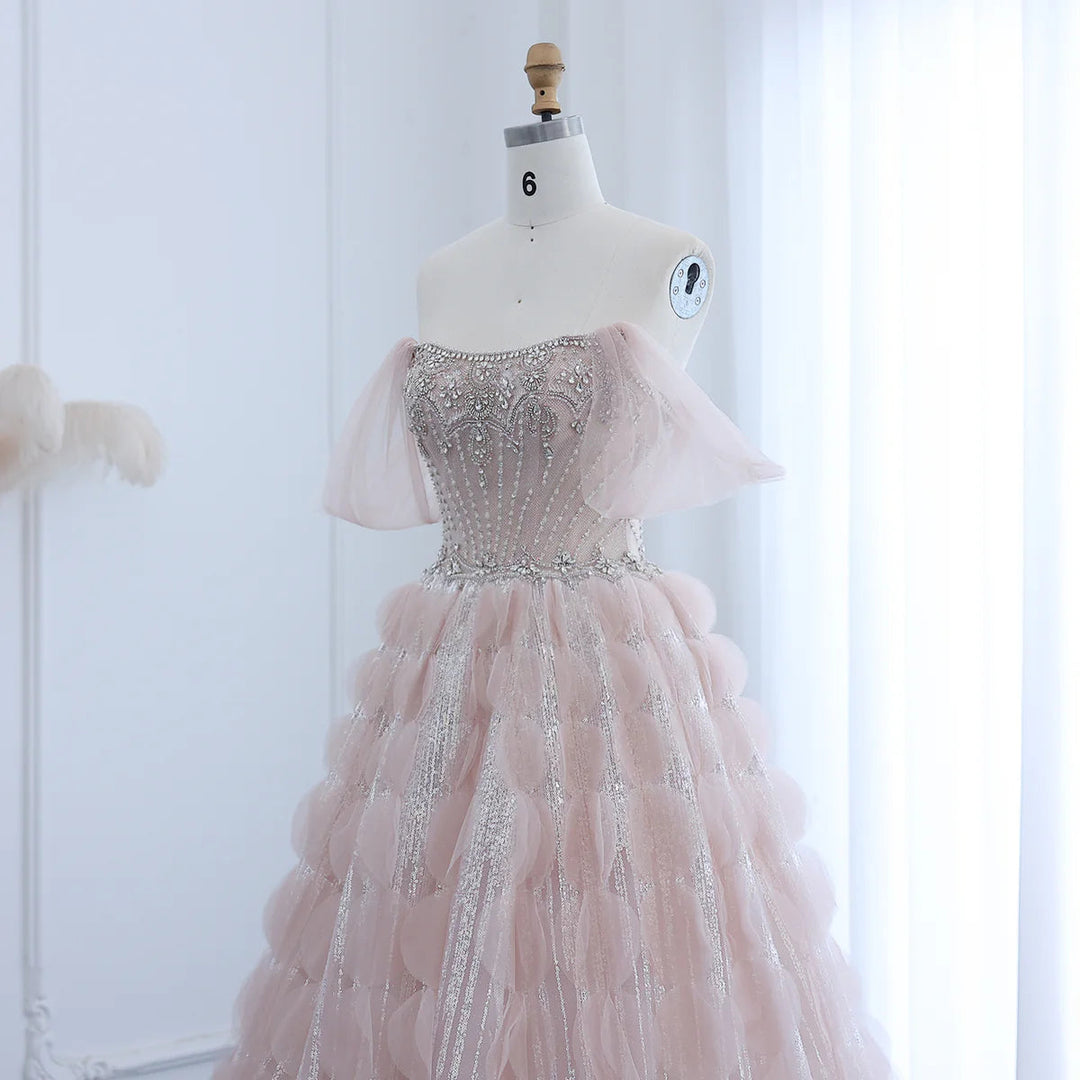 Luxury Crystal Princess Ball Gown Blush Pink Ruffles Evening Dress SS733