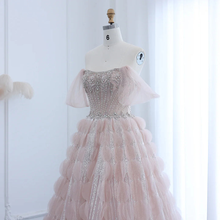 Luxury Crystal Princess Ball Gown Blush Pink Ruffles Evening Dress SS733