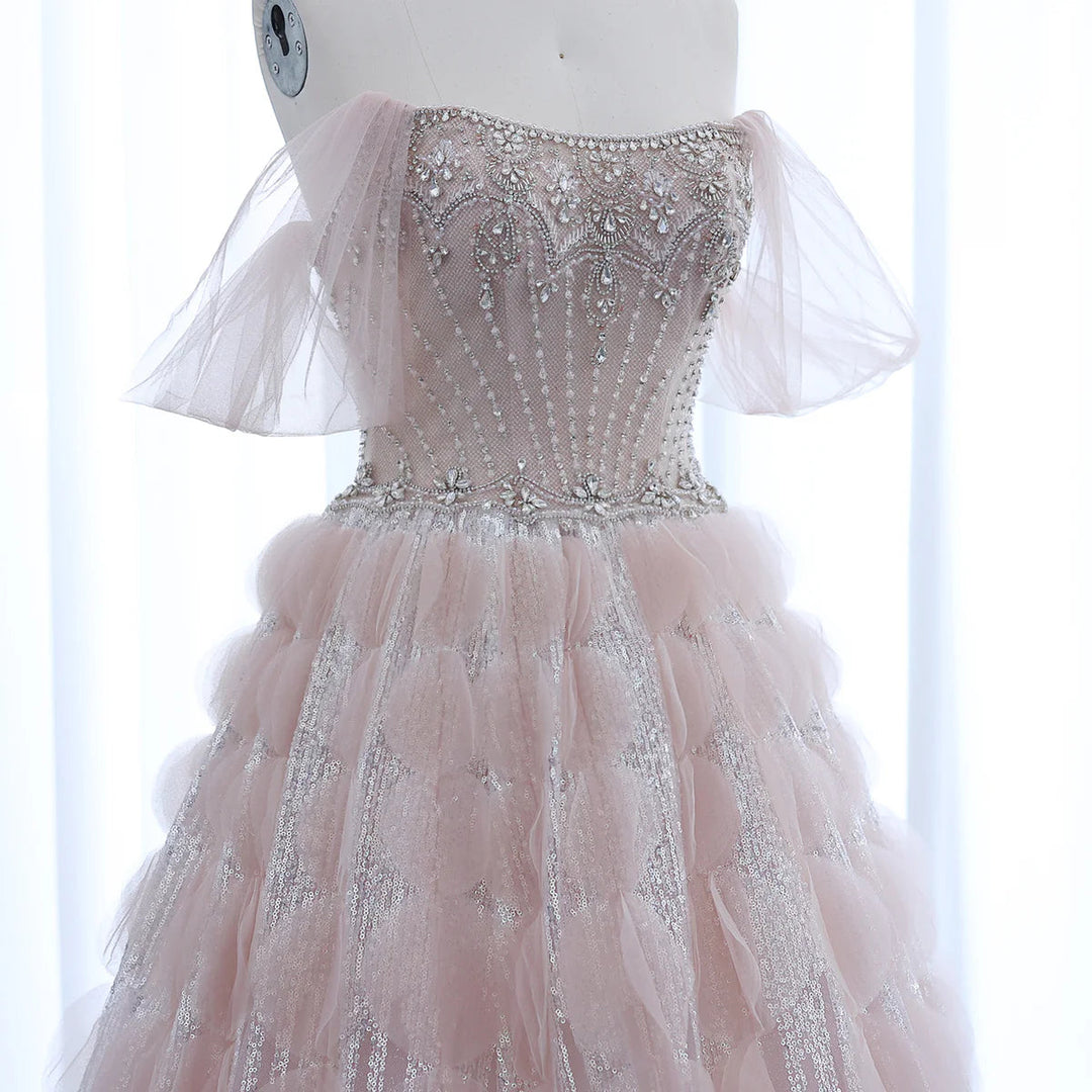 Luxury Crystal Princess Ball Gown Blush Pink Ruffles Evening Dress SS733