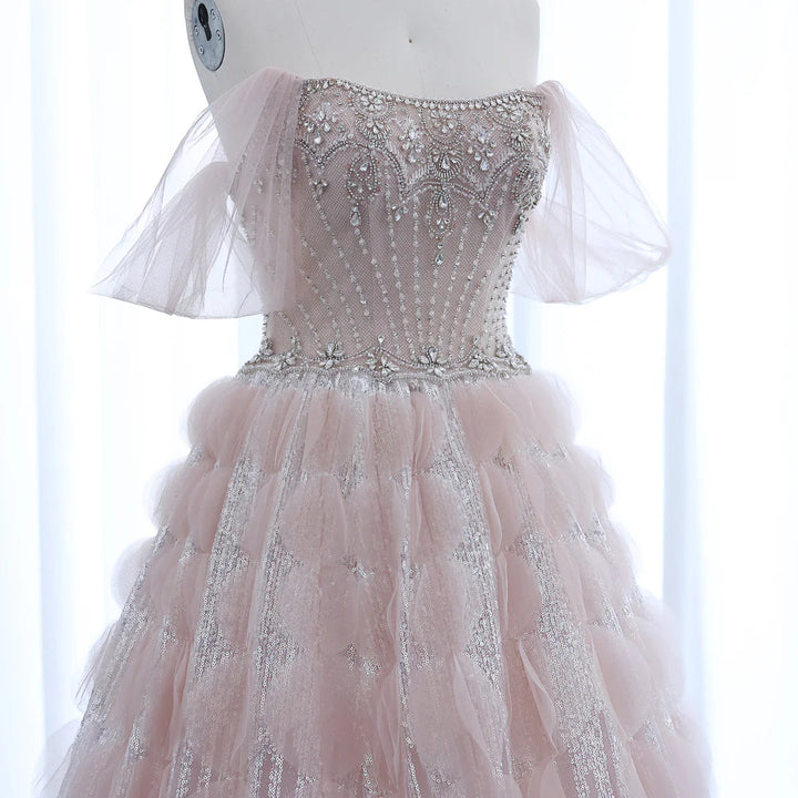 Luxury Crystal Princess Ball Gown Blush Pink Ruffles Evening Dress SS733