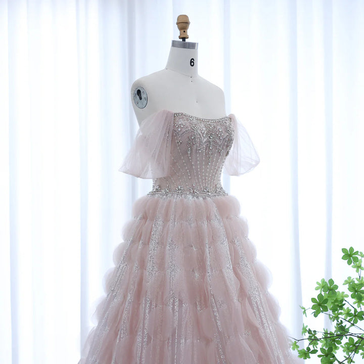 Luxury Crystal Princess Ball Gown Blush Pink Ruffles Evening Dress SS733