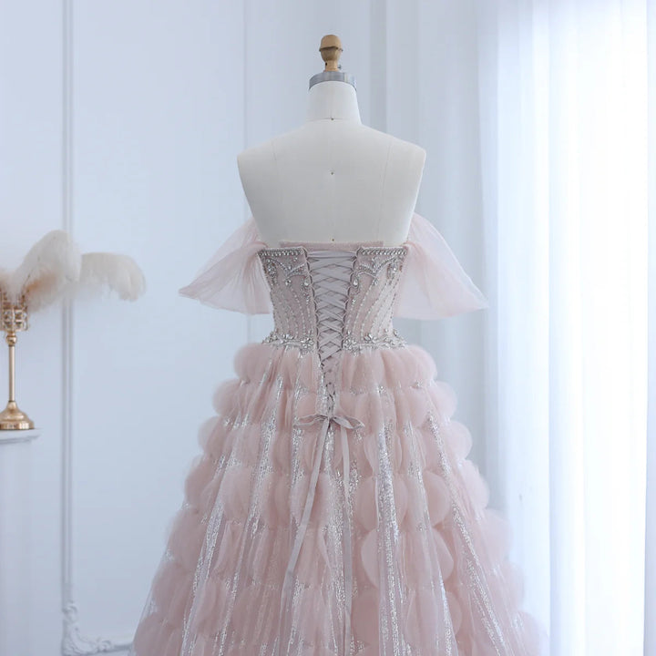 Luxury Crystal Princess Ball Gown Blush Pink Ruffles Evening Dress SS733