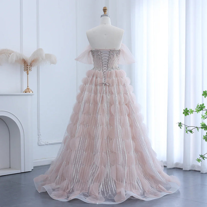 Luxury Crystal Princess Ball Gown Blush Pink Ruffles Evening Dress SS733