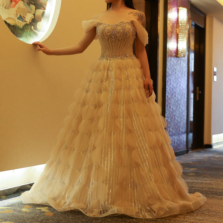 Luxury Crystal Princess Ball Gown Blush Pink Ruffles Evening Dress SS733