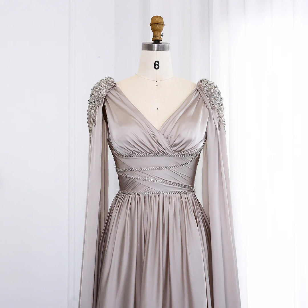 rose gold evening dress long sleeve Elegant Rose Gold Mother of the Bride Dresses V-Neck Long Sleeves Wedding Guest