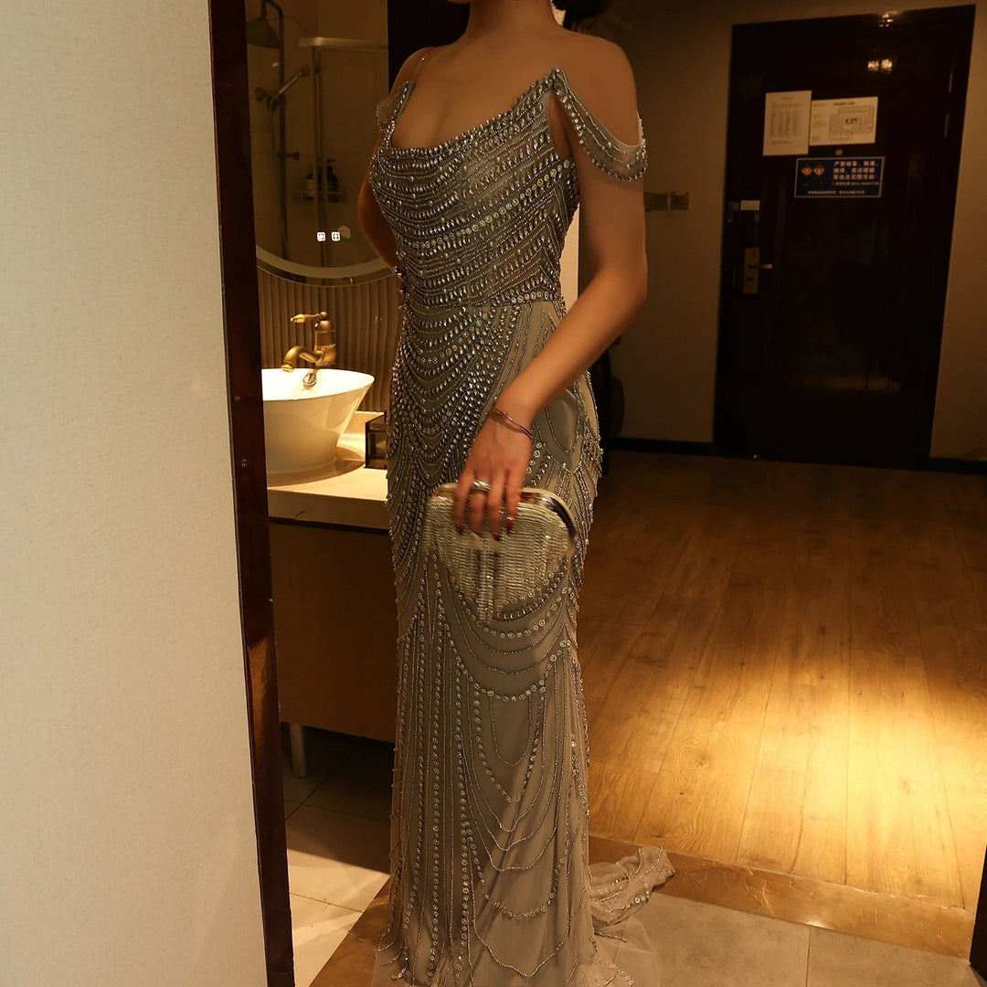 Luxury Crystal Silver Gray Mermaid Dubai Evening Dresses SS403