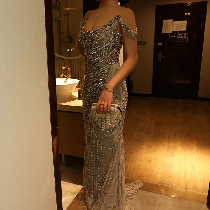 Luxury Crystal Silver Gray Mermaid Dubai Evening Dresses SS403