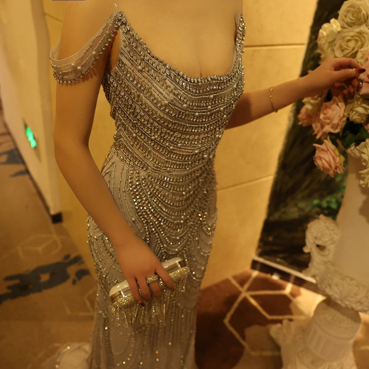 Luxury Crystal Silver Gray Mermaid Dubai Evening Dresses SS403