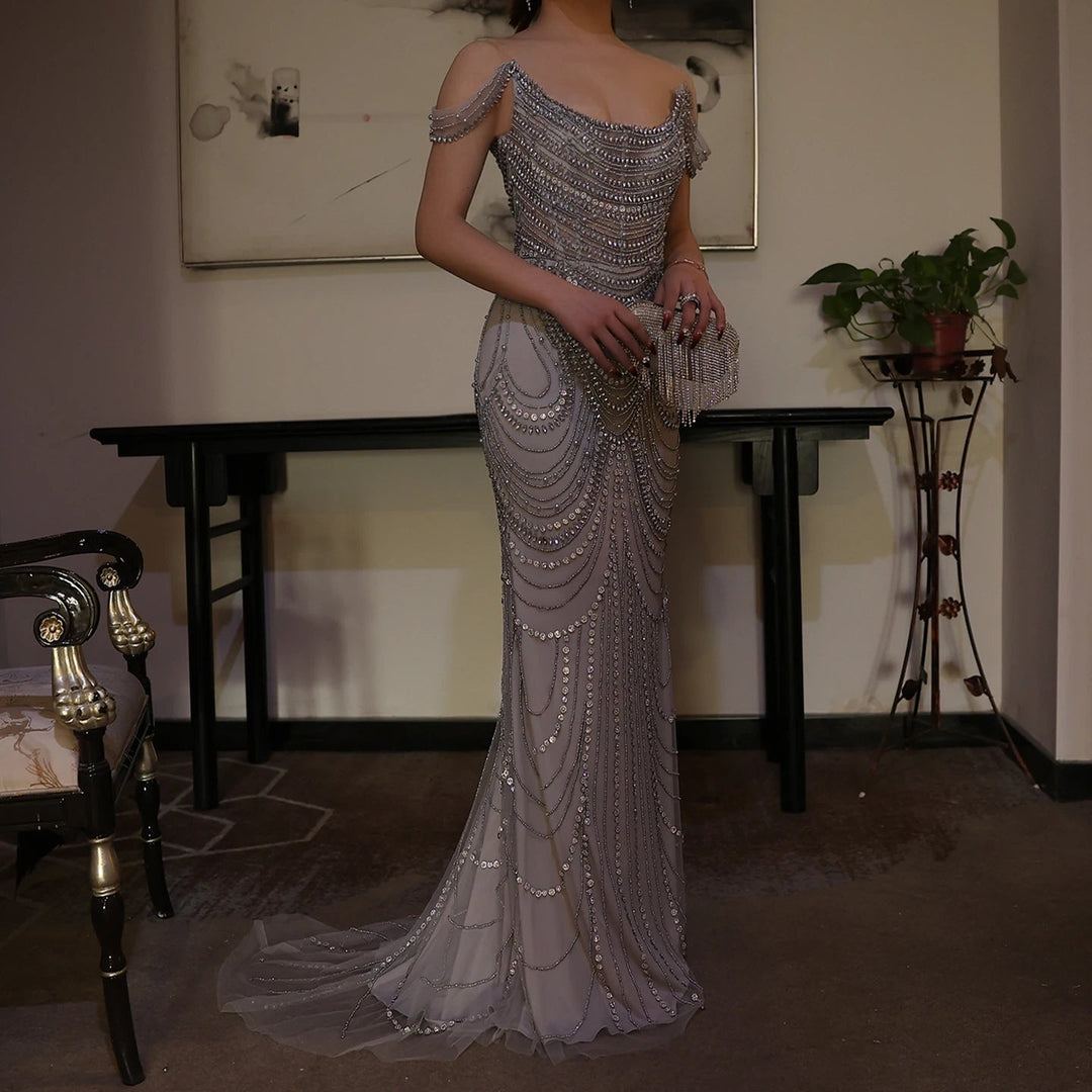 Luxury Crystal Silver Gray Mermaid Dubai Evening Dresses SS403