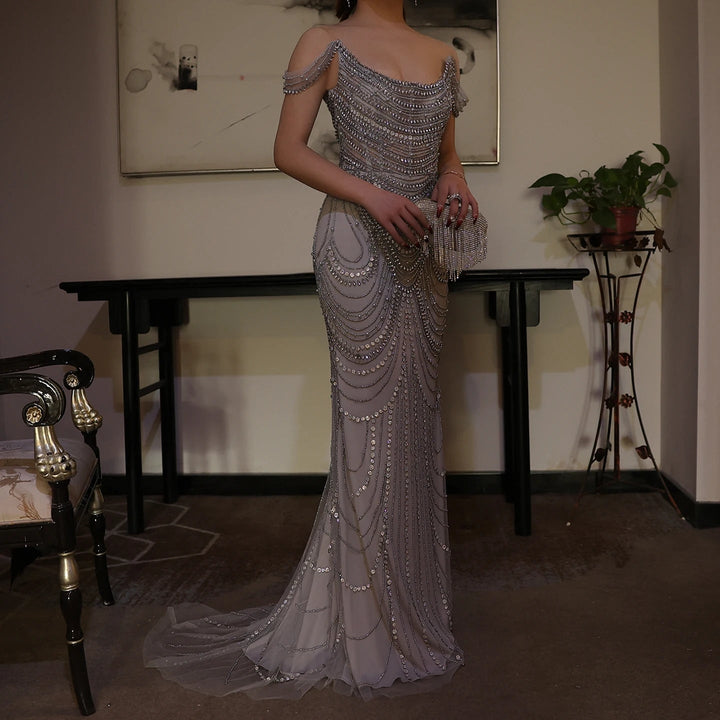 Luxury Crystal Silver Gray Mermaid Dubai Evening Dresses SS403