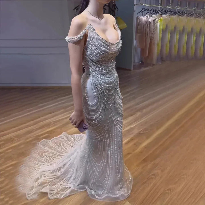 Luxury Crystal Silver Gray Mermaid Dubai Evening Dresses SS403