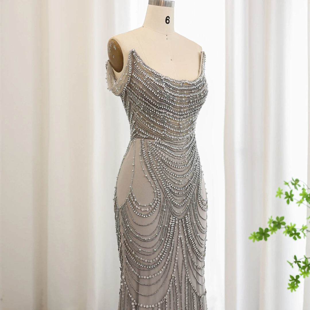 Luxury Crystal Silver Gray Mermaid Dubai Evening Dresses SS403