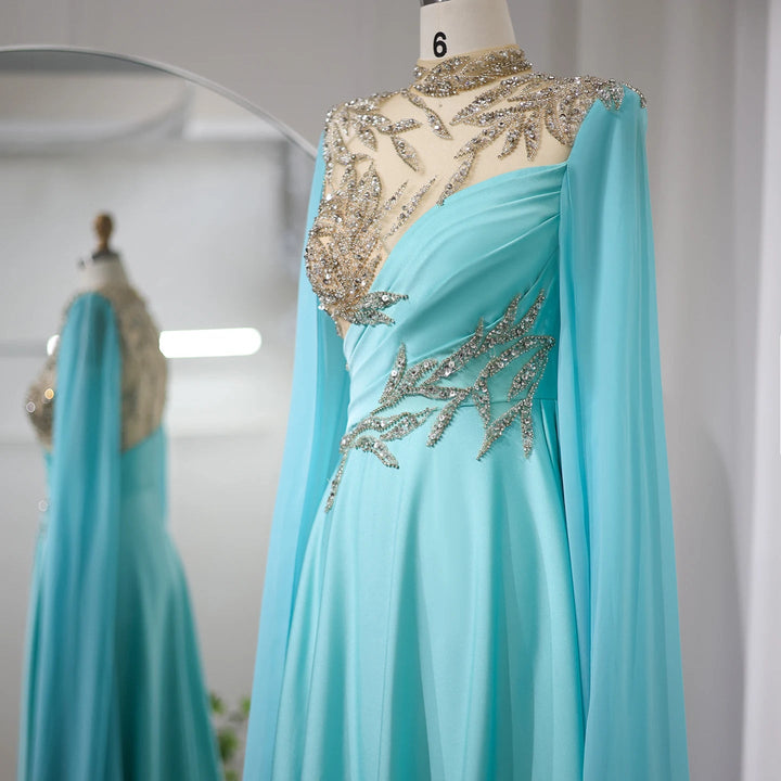 Luxury Crystal Turquoise Blue Evening Dress with Cap Sleeves SF291
