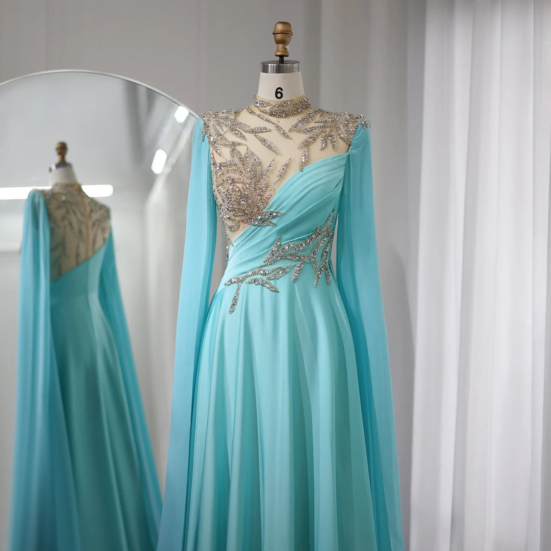 Luxury Crystal Turquoise Blue Evening Dress with Cap Sleeves SF291