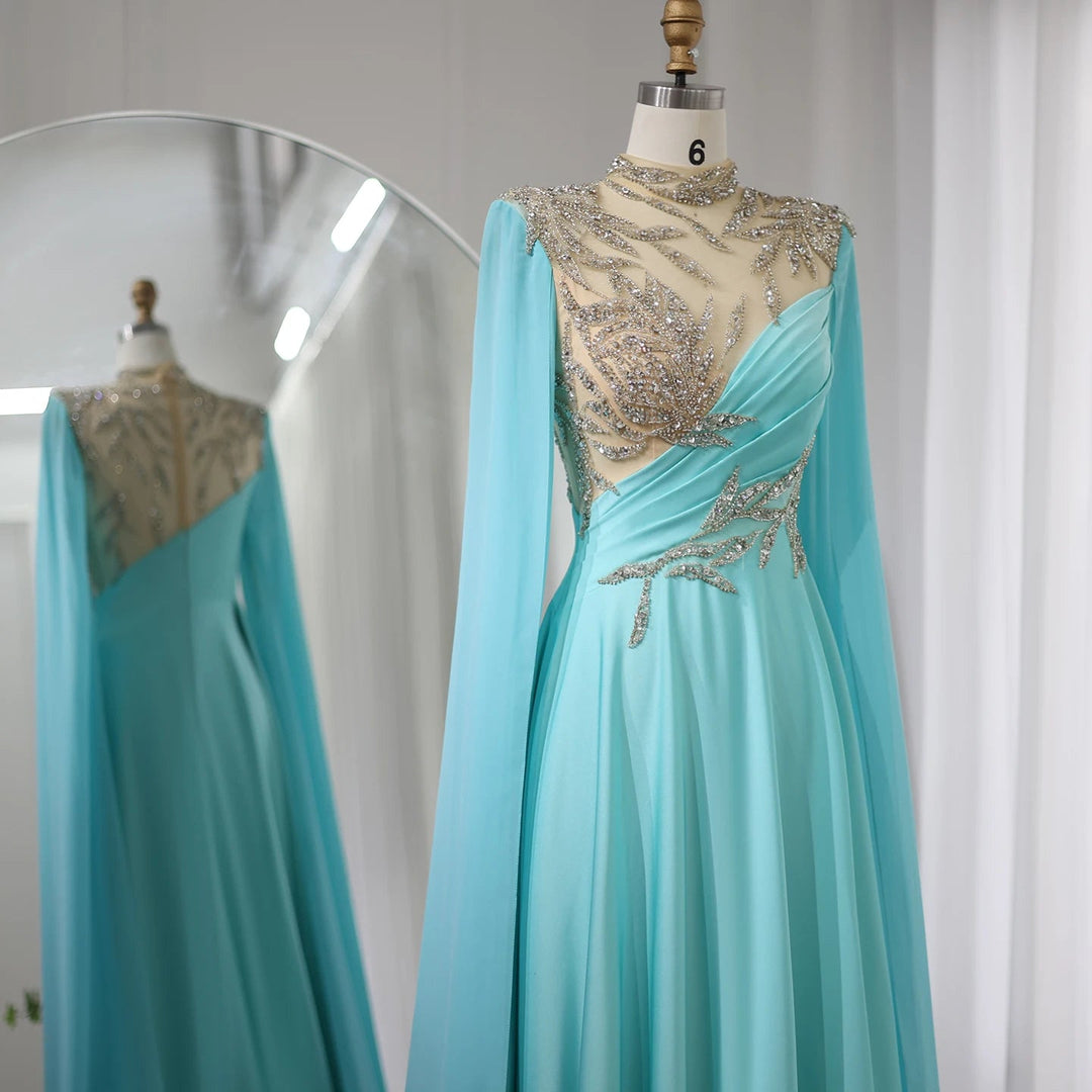 Luxury Crystal Turquoise Blue Evening Dress with Cap Sleeves SF291