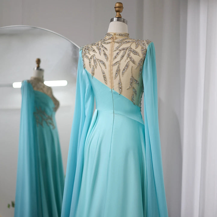 Luxury Crystal Turquoise Blue Evening Dress with Cap Sleeves SF291