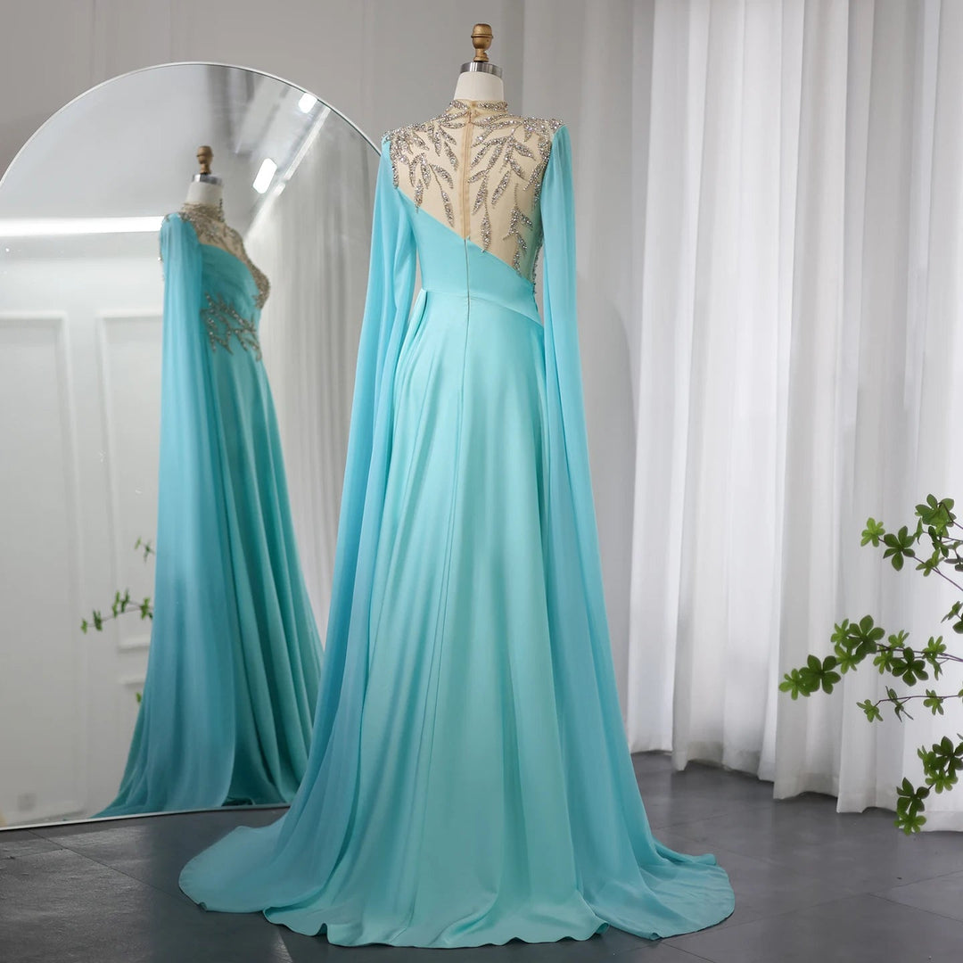Luxury Crystal Turquoise Blue Evening Dress with Cap Sleeves SF291, Turquoise / 6