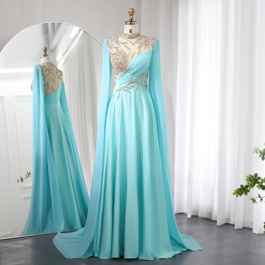 Luxury Crystal Turquoise Blue Evening Dress with Cap Sleeves SF291, Turquoise / 14